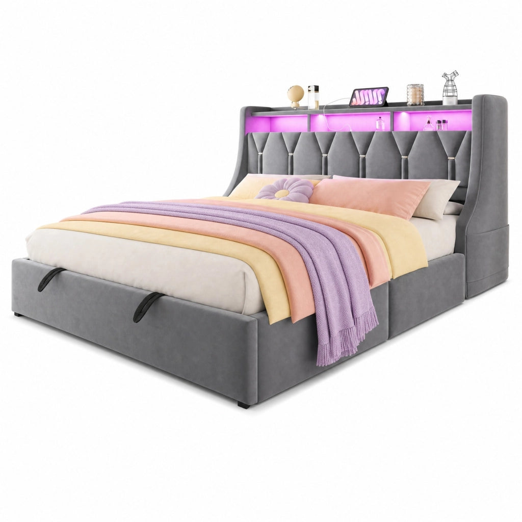 Letto matrimoniale 180x200 cm con contenitore idraulico; LED e prese USB-C; grigio
