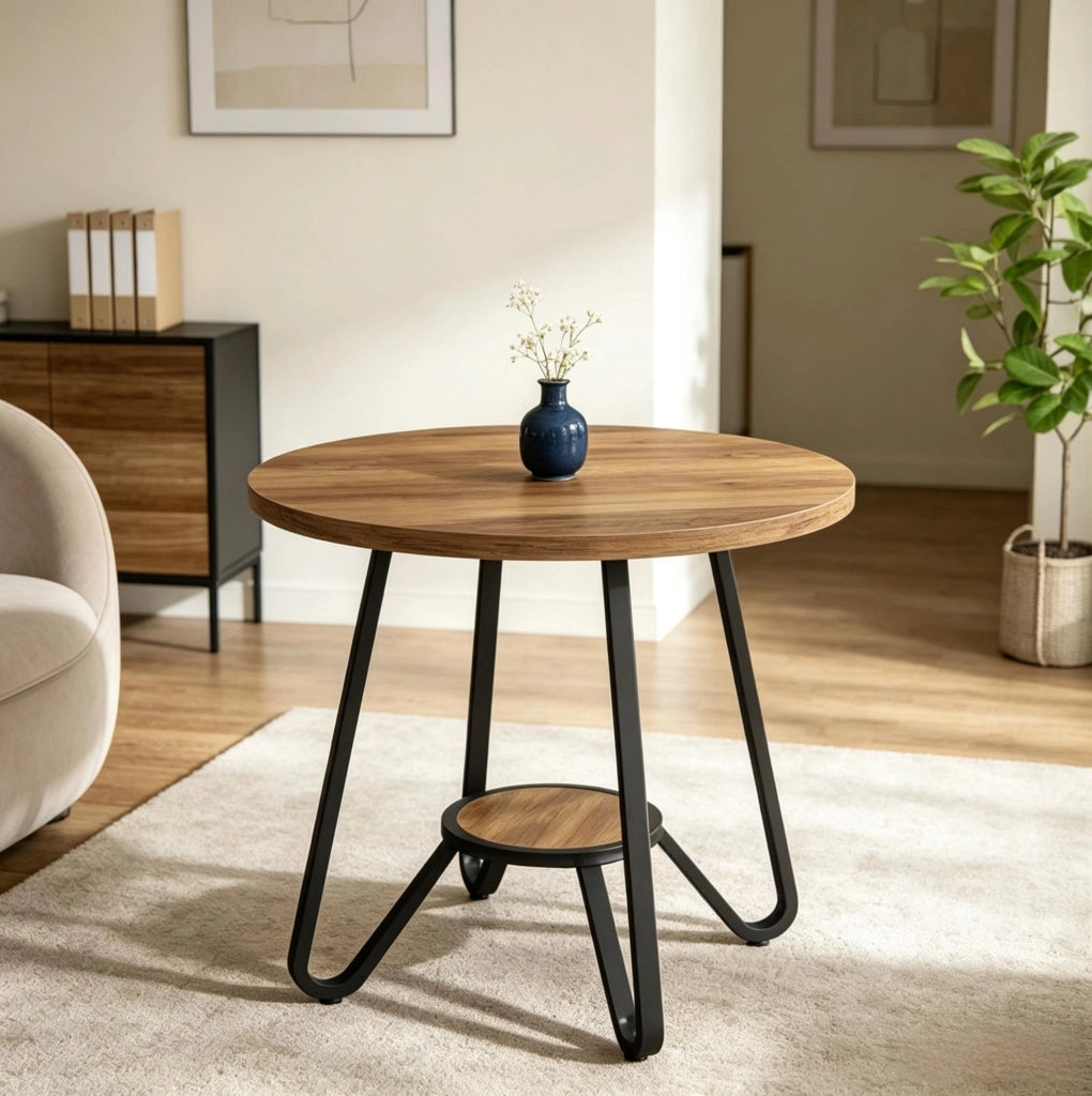 Tavolo rotondo 80 cm con ripiano, metallo e legno, nero e marrone