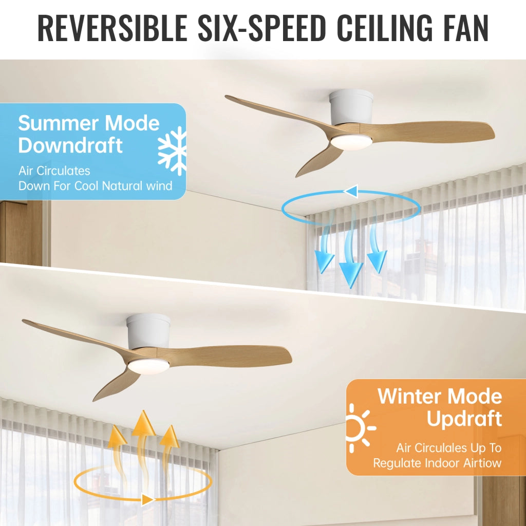 Ventilatore da soffitto da 52 pollici con luce LED; motore DC reversibile; controllo app e telecomando; bianco opaco