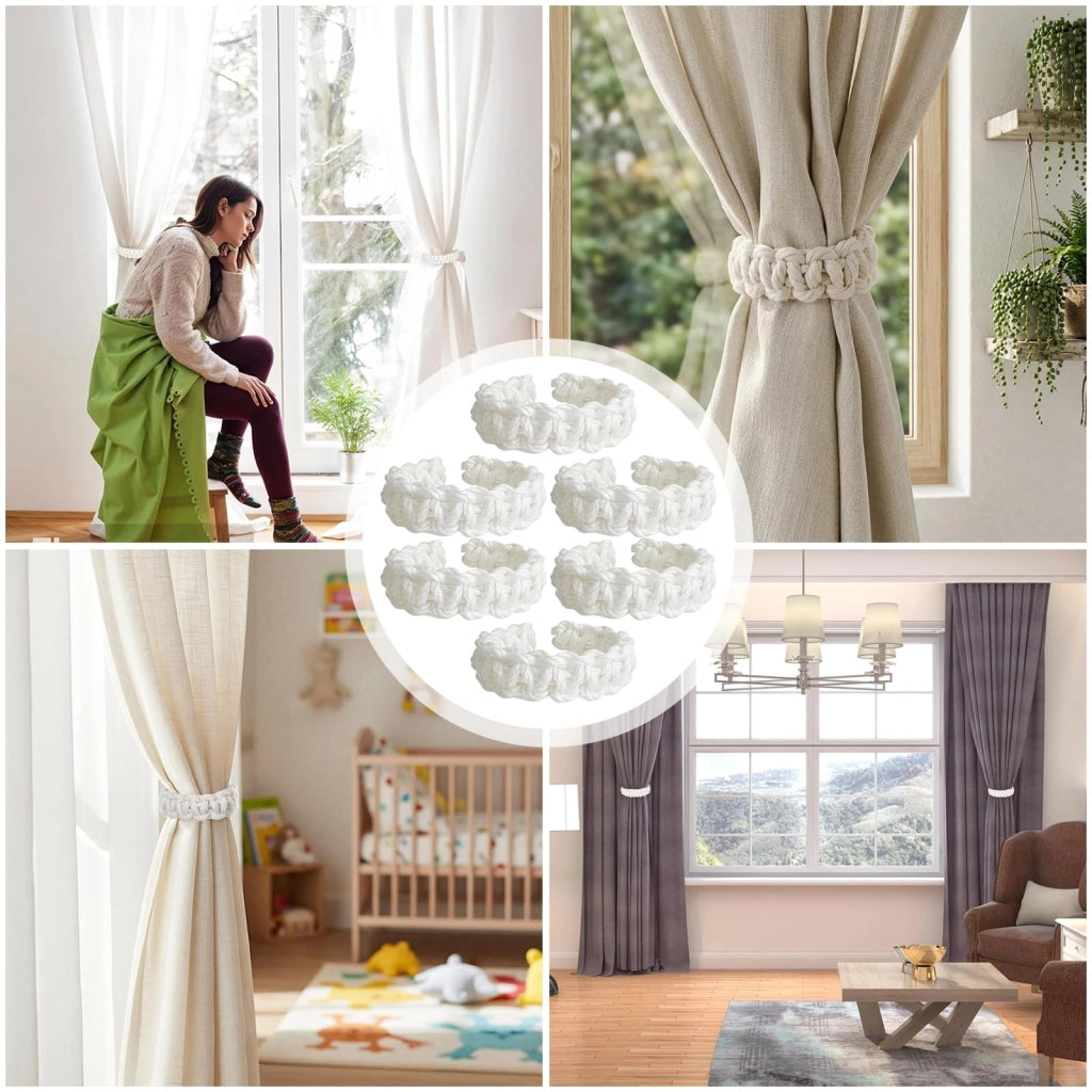 Set di 6 supporti per tende in stile boho, realizzati in cotone e lino, colore bianco