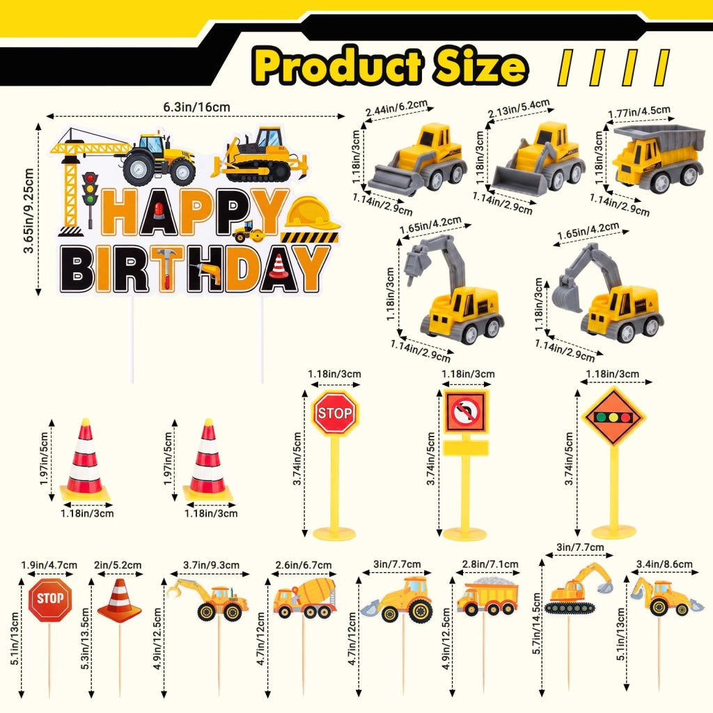 Set di decorazioni per torte a tema cantiere edile, composto da 19 pezzi, tra cui una gru, veicoli da costruzione e cartelli