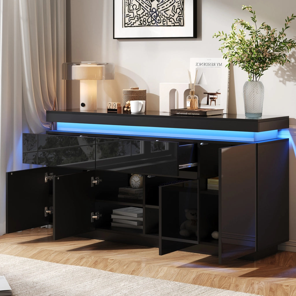 Credenza 140 × 35 × 72,5 cm con 4 ante 2 cassetti ripiani regolabili LED USB in truciolare nero lucido