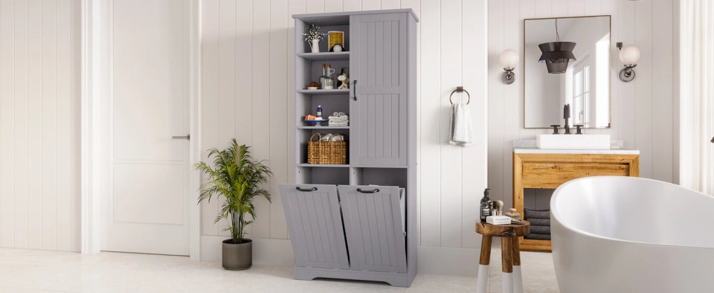 Mobile da bagno in MDF grigio 78x35x172 cm con doppio cestino per biancheria e ripiani regolabili