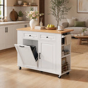Isola da cucina con piano estensibile in MDF e PB bianco naturale con prese AC USB e USB C ruote bloccabili