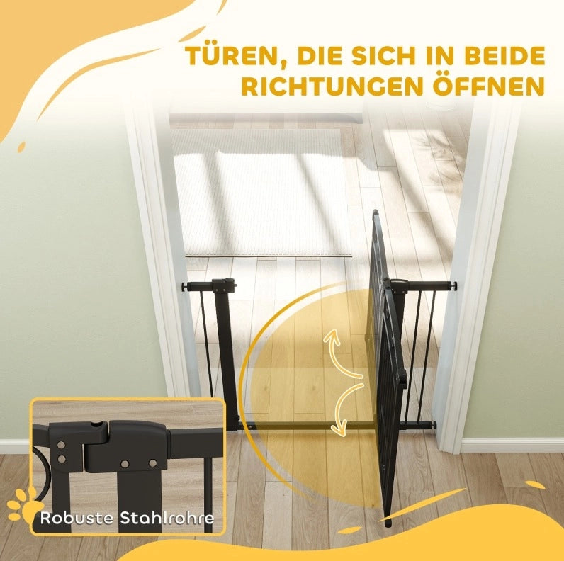 Cancelletto di sicurezza per animali 77 cm regolabile 76-104 cm nero con gattaiola