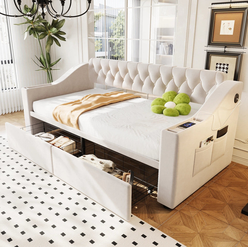 Divano letto 214,5x96x78,5 cm con contenitore, cassetti e USB in velluto beige per piccoli spazi, moderno
