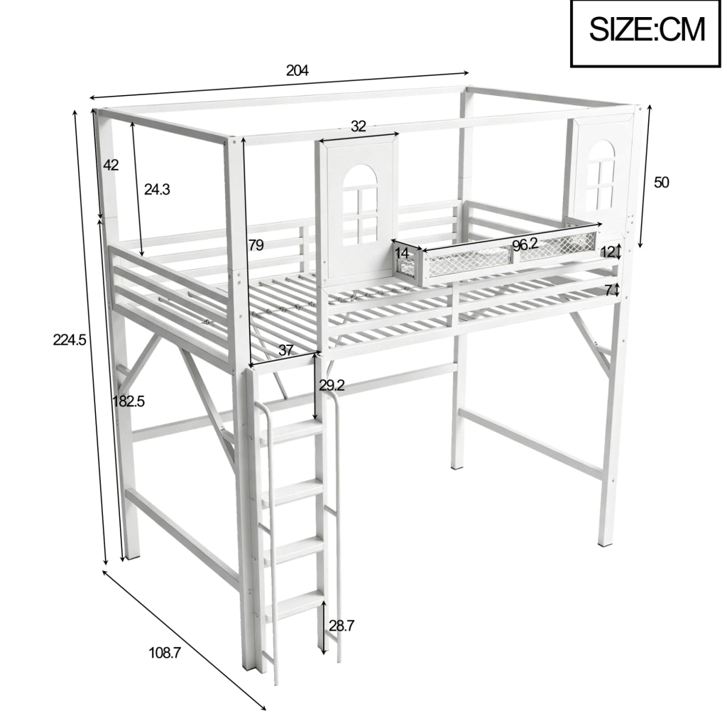 Letto a soppalco 90 x 200 cm con tetto e ripiano, bianco