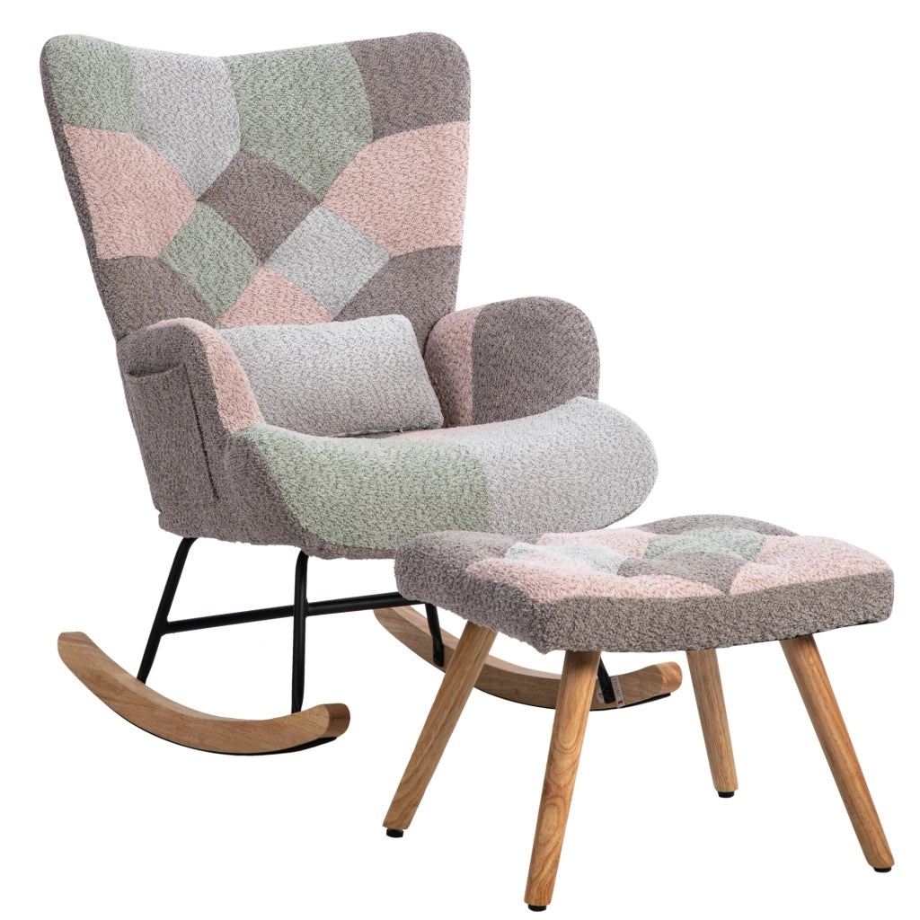 Sedia a dondolo 93 cm con poggiapiedi e cuscino lombare; velluto multicolore