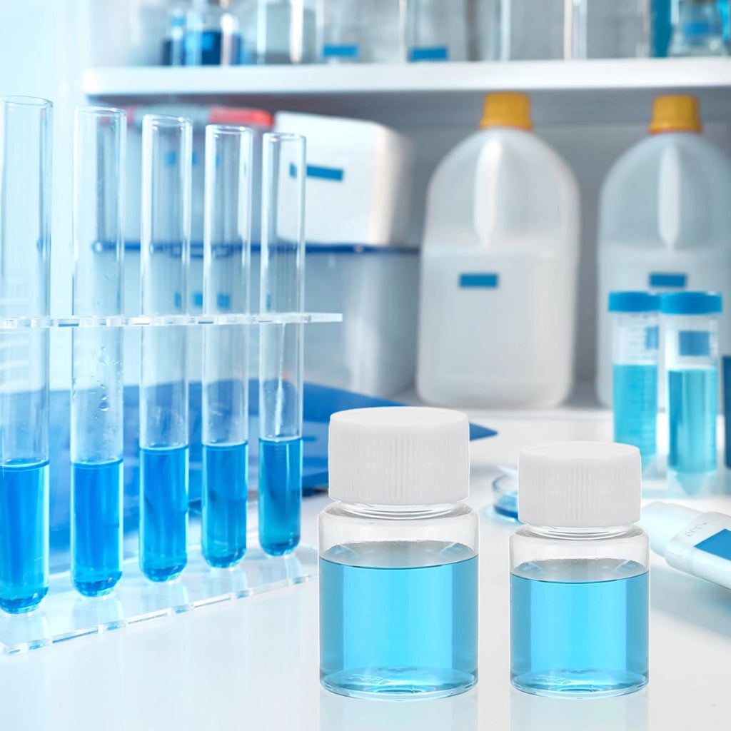 5 flaconi da 20 ml per reagenti PET, forma rotonda, trasparenti