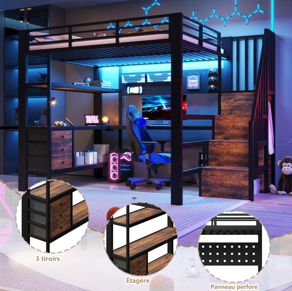 Letto a soppalco in metallo 140x200 cm con scrivania, cassetti, pannelli forati LED e presa, nero