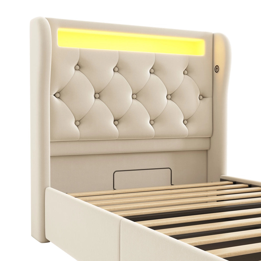 Letto contenitore 140 ¡Á 200 cm con LED; USB e Type-C; vano nella testiera; rivestito in lino grigio
