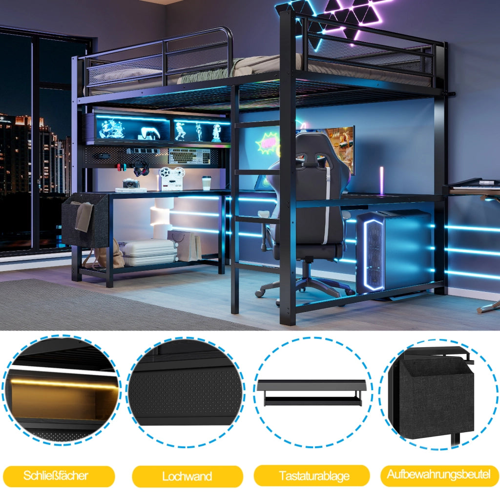 Letto a soppalco 140 × 200 cm con scrivania illuminazione led ricarica mdf e metallo nero