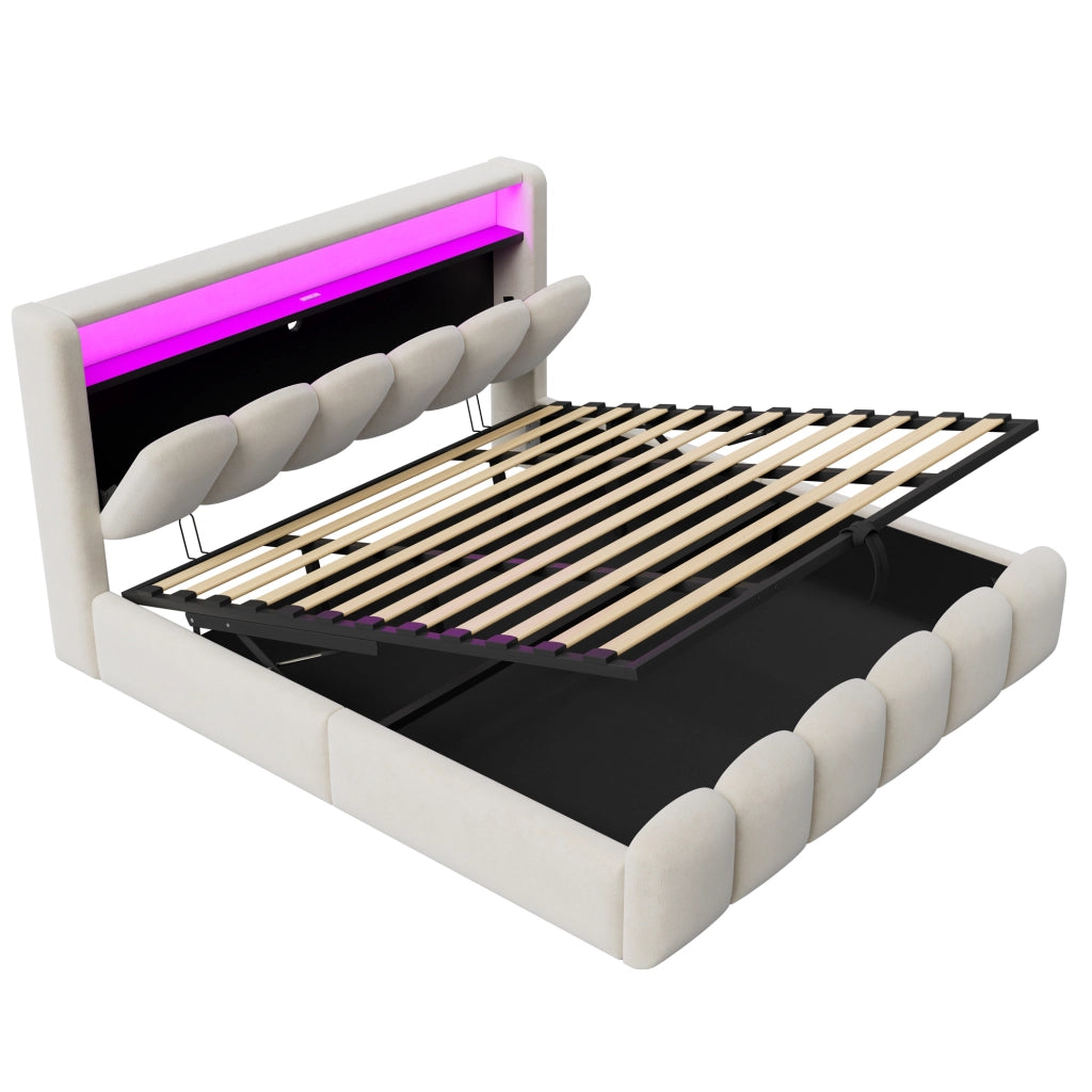 Letto matrimoniale contenitore 180 × 200 cm imbottito in velluto beige con LED USB e porta Type C design a petali