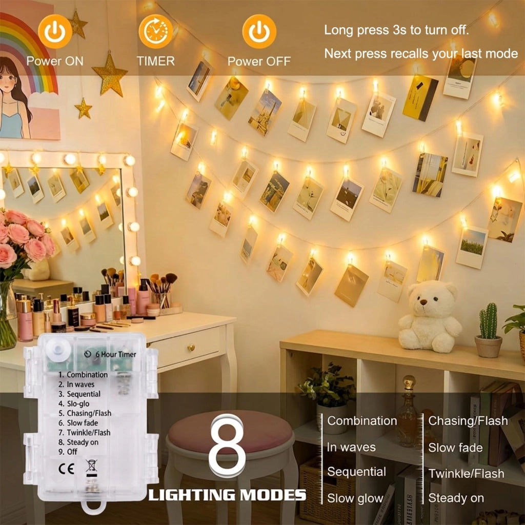Catena luminosa a LED con clip per foto, lunghezza 3 metri, 20 LED bianco caldo, con timer