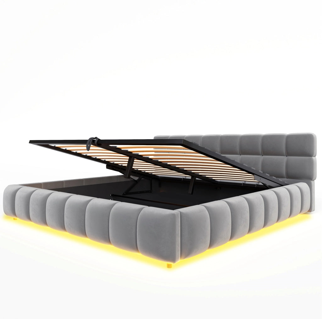 Letto imbottito 180x200 cm con illuminazione LED, contenitore idraulico e testiera in velluto grigio
