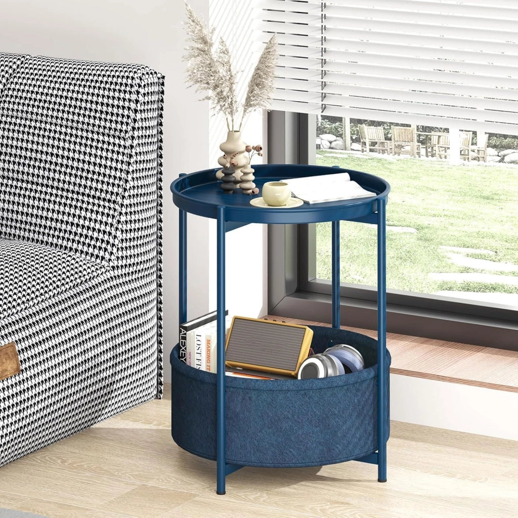 Tavolino rotondo con cesto in tessuto, colore blu, dimensioni 44,3 x 44,3 x 52 cm