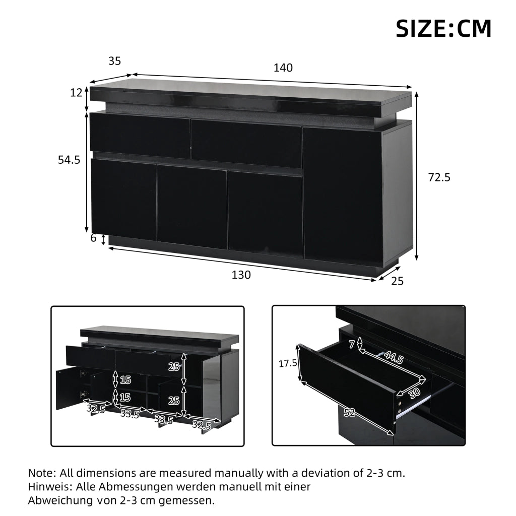 Credenza 140 × 35 × 72,5 cm con 4 ante 2 cassetti ripiani regolabili LED USB in truciolare nero lucido