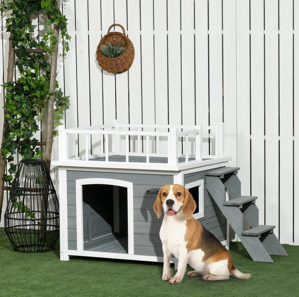 CUCCIA per cani rialzata con terrazza 121 x 77 x 78 cm in legno di abete grigio chiaro