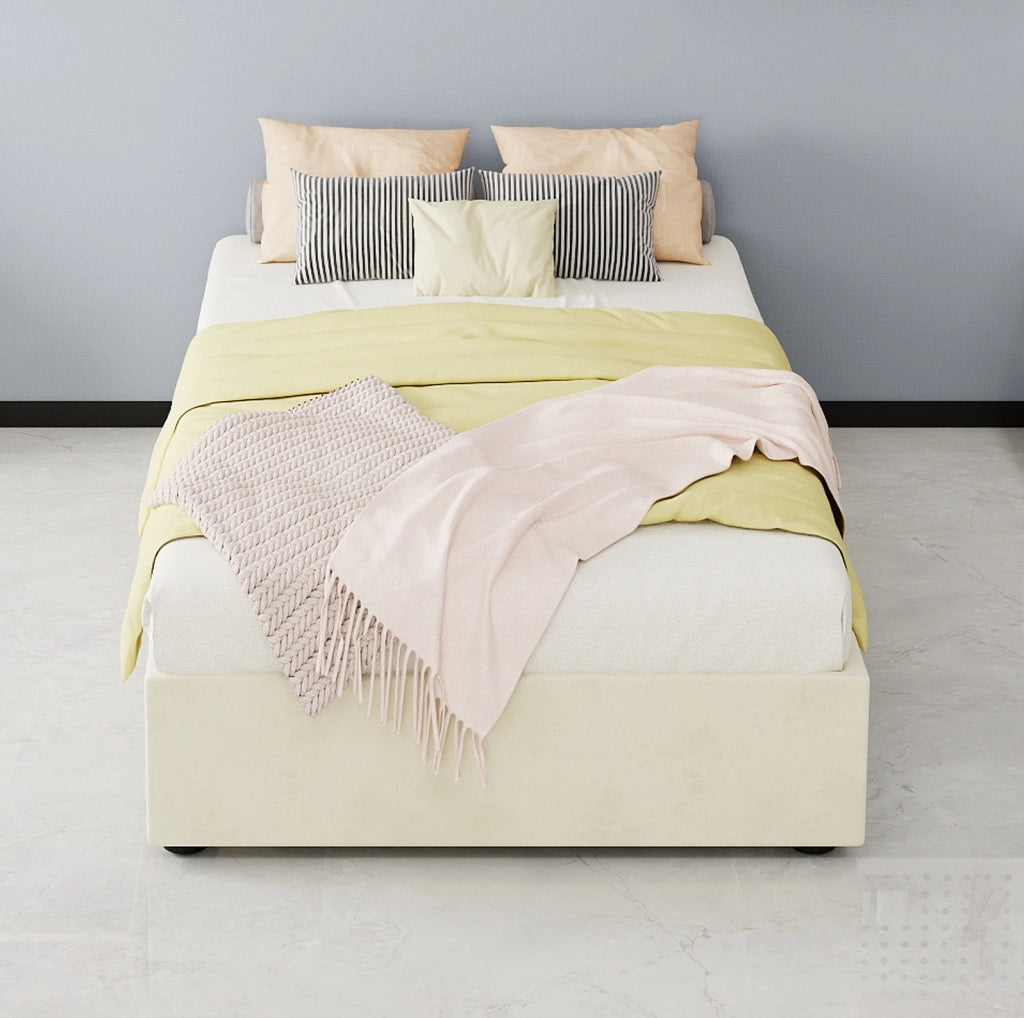 Letto singolo 90x200 cm con contenitore a sollevamento pneumatico; tessuto beige e metallo