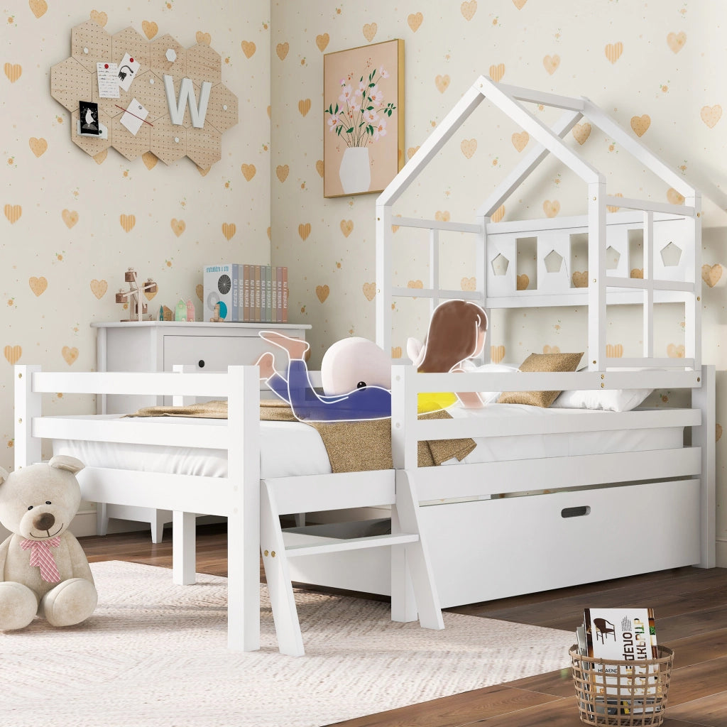 Letto per bambini a soppalco bianco 90x200 cm con scala