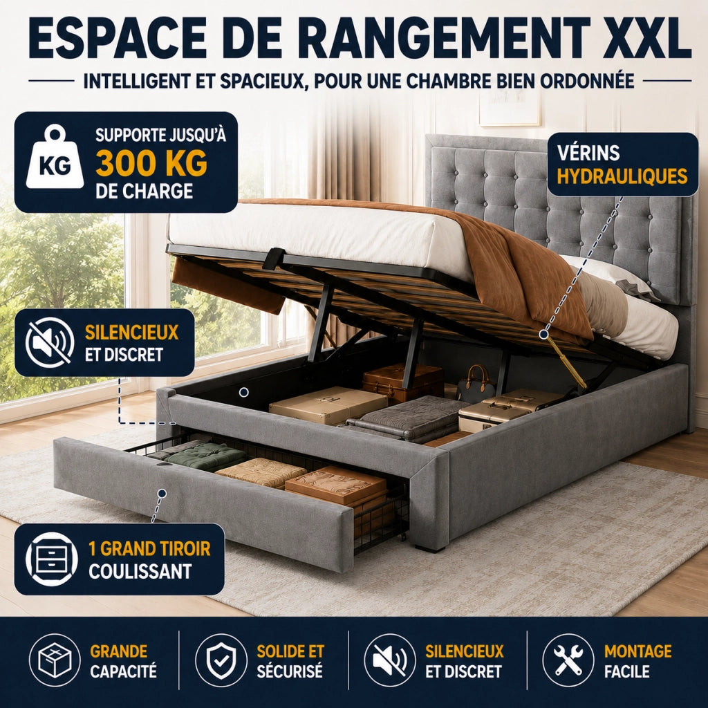 Letto contenitore 140 × 190 cm con testiera regolabile e 2 cassetti in velluto grigio