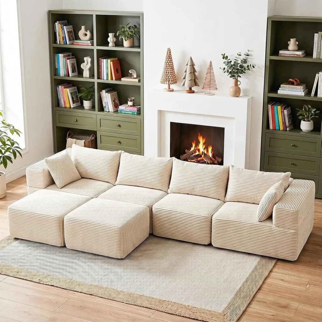 Divano modulare angolare a forma di U e L in velluto a coste, sfoderabile, design moderno per casa, 333 × 150 × 58 cm