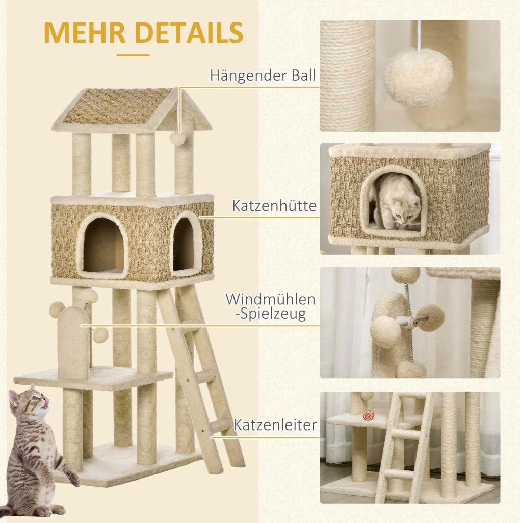 Tiragraffi per gatti con cuccia e rivestimento in peluche, 131 cm