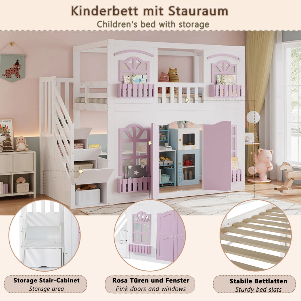 Letto a soppalco per bambini 90 x 200 cm in legno; bianco e rosa; scala contenitore e area giochi