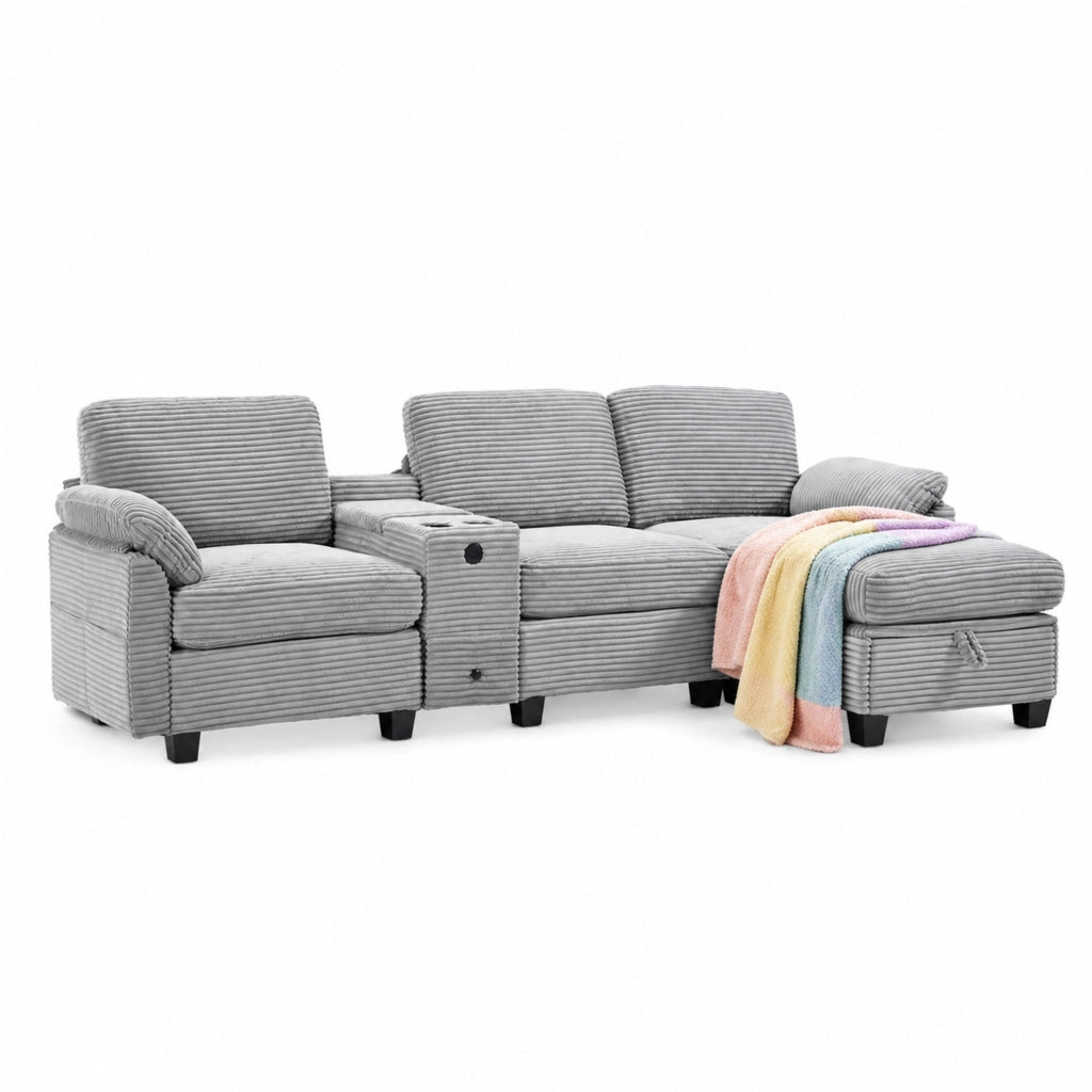 Divano ULEVR 266x136x82 cm in velluto a coste grigio chiaro, con console scorrevole, USB-C e pouf contenitore
