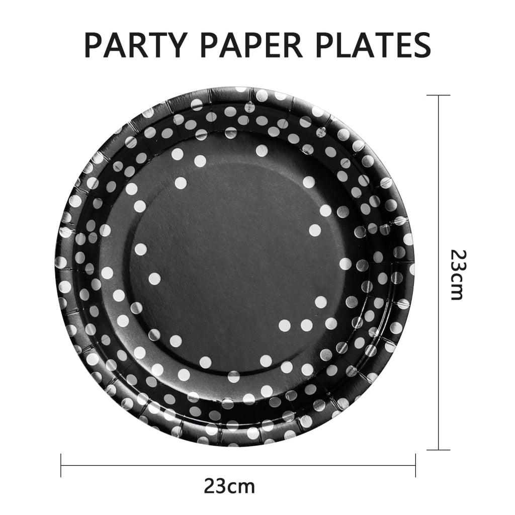 50 piatti di carta per cena, 23 cm – stoviglie usa e getta, nero e argento, con motivo a pois