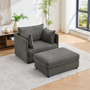 Poltrona in velluto Altay grigio con pouf contenitore e struttura in legno massello