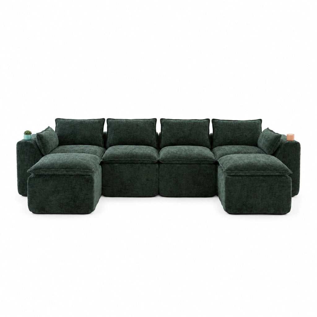 Divano modulare in ciniglia verde con pouf e tasche laterali