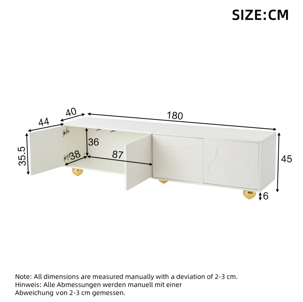 Mobile TV in legno laminato bianco caldo 180x40x45 cm con 2 armadietti e 5 piedi, porta TV a forma di nuvola per TV fino a 75 pollici