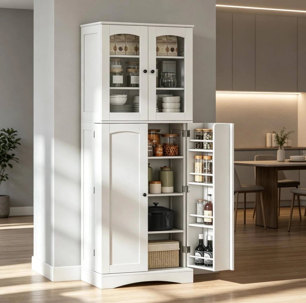 Mobile da cucina bianco con vetrine e ripiani regolabili, 60 × 40 × 162 cm