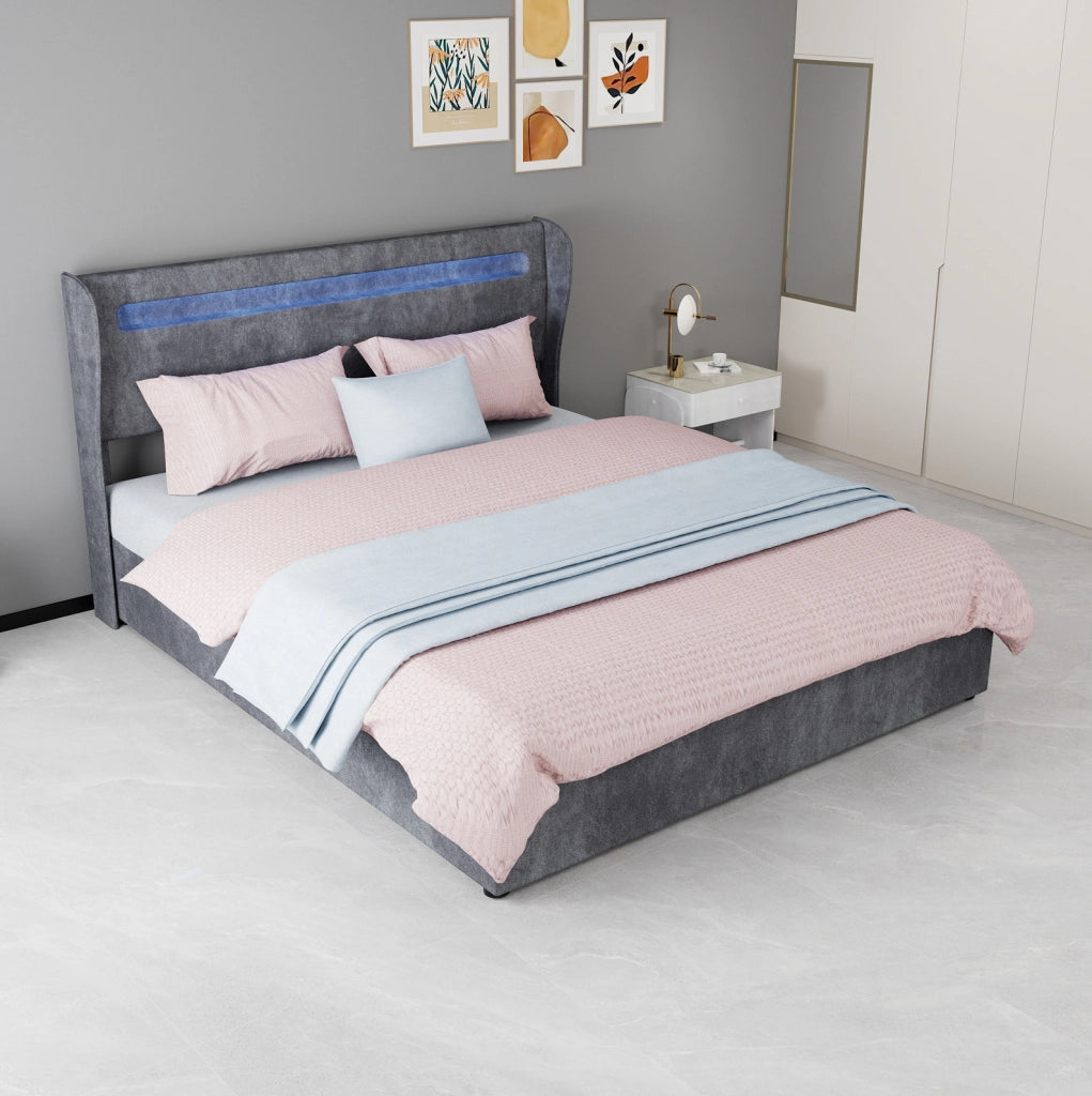 Letto imbottito 160 x 200 cm grigio con LED multicolore e schienale regolabile