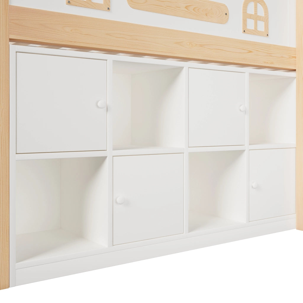 Letto a soppalco 90 × 200 cm con lavagna in legno di pino e MDF bianco naturale con scala e ripiani