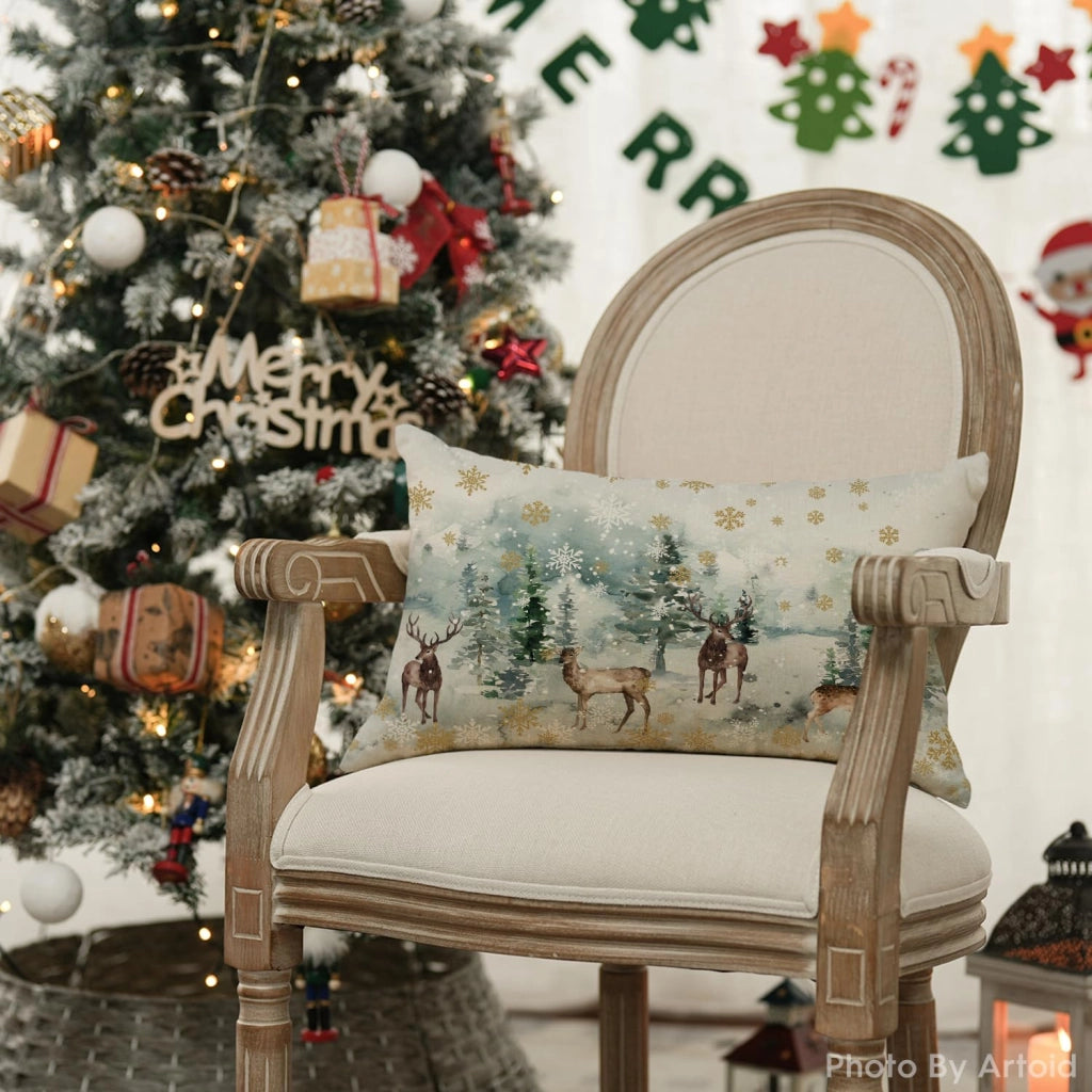 Cuscino, copricuscino 30x50 cm, motivo: acquerello con immagini di cervi, alberi e fiocchi di neve
