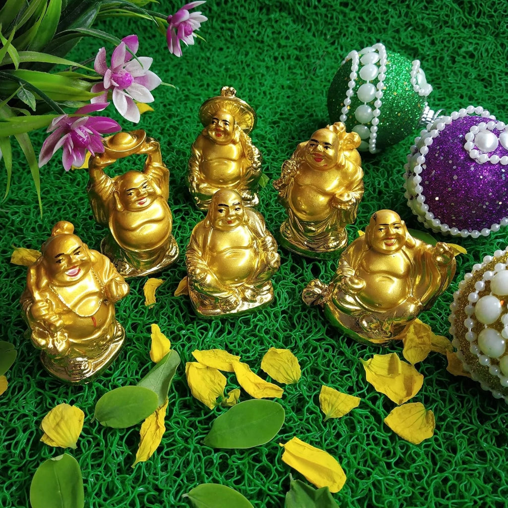 Set di 6 piccole statuette dorate di Buddha sorridente, realizzate in resina