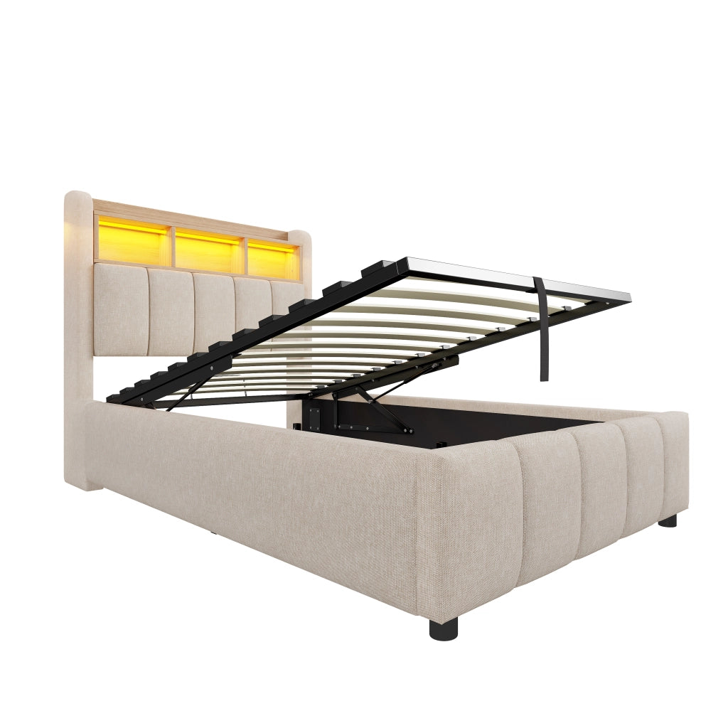 Letto imbottito 90 x 200 cm beige con contenitore idraulico