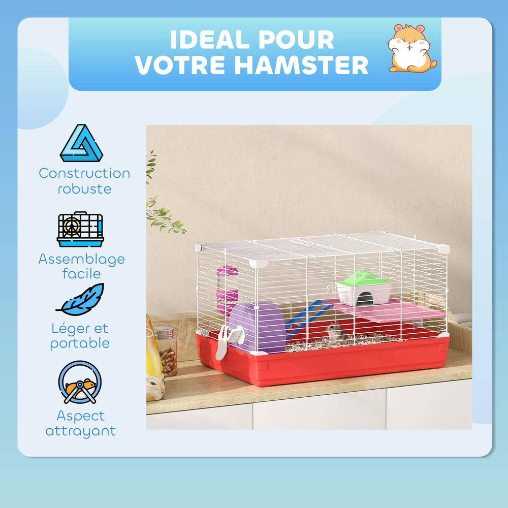 Gabbia per Criceti e Roditori a 2 Livelli con Casetta Ruota e Fondo Rimovibile Facile da Pulire 47 x 30 x 27 cm Bianco