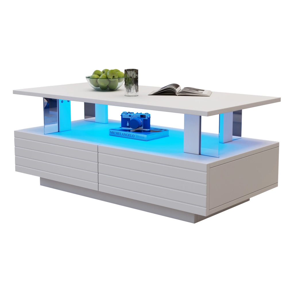 Tavolino da caffè LED bianco 100 x 50 x 42,5 cm con contenitore e Bluetooth