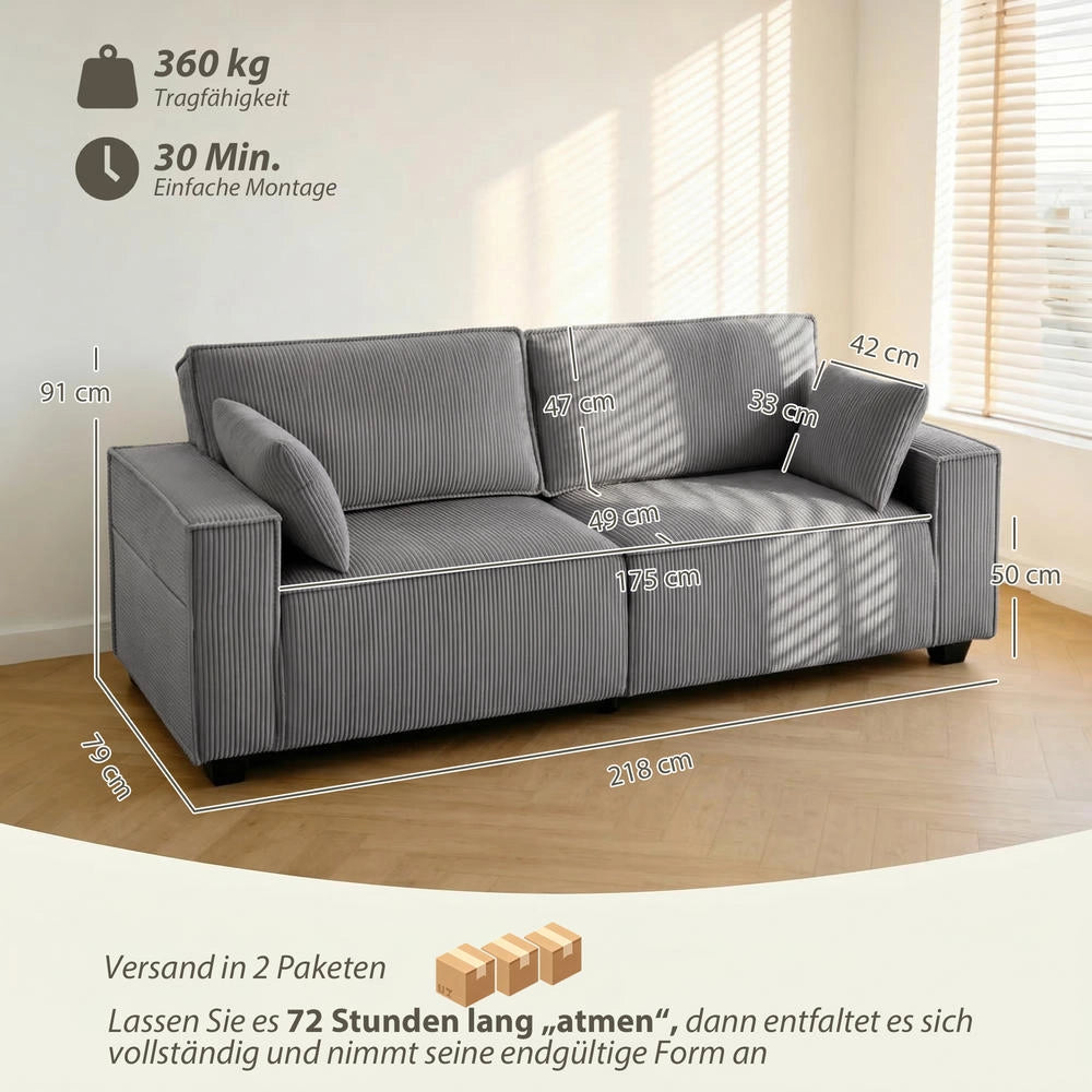 Divano 3 Posti 218 cm Moderno in Velluto a Coste con Molle Insacchettate e 2 Cuscini Grigio Chiaro per Soggiorno