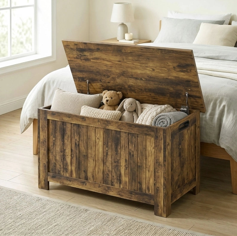 Baule contenitore in MDF con coperchio e cerniere di sicurezza, marrone rustico