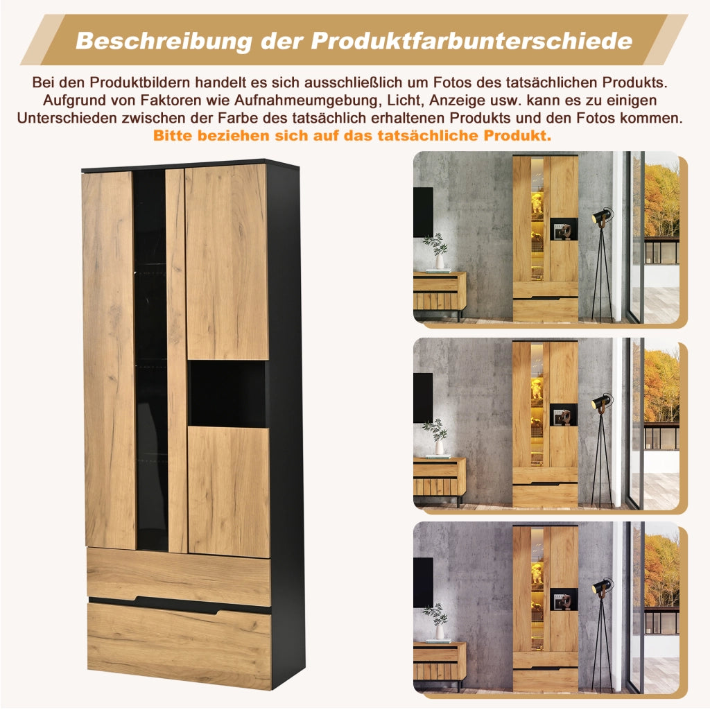 Vetrina 70 × 35 × 180 cm con 3 ante 2 cassetti LED controllata tramite app in MDF naturale e nero con vetro temprato