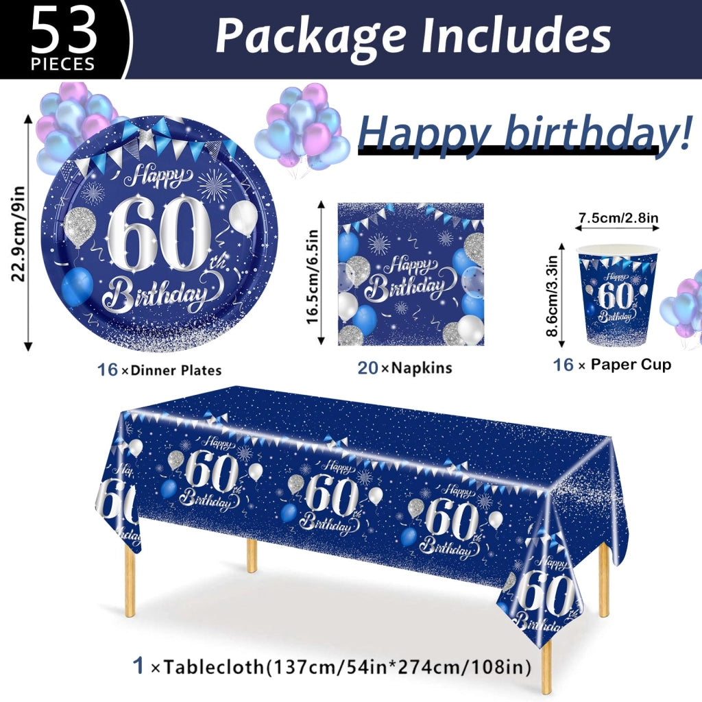 Set di stoviglie per compleanno, composto da 53 pezzi, color blu e argento, per 16 persone