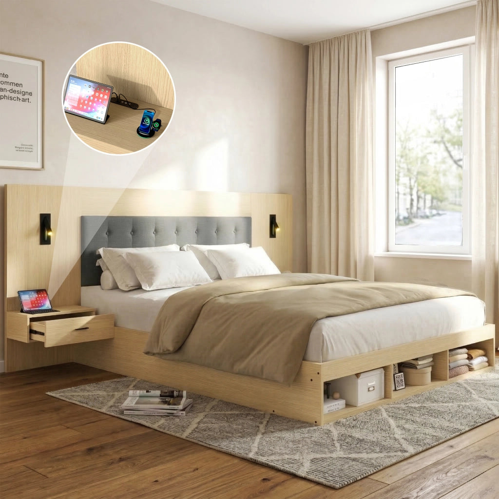 Letto matrimoniale 160 × 200 cm in MDF rovere chiaro con comodini USB Type C lampade e vani contenitore