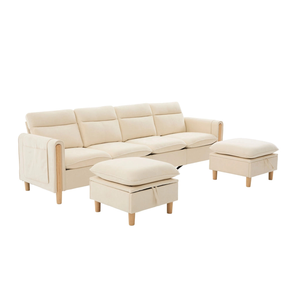 Divano modulare a 4 posti in ciniglia beige con 2 pouf contenitore