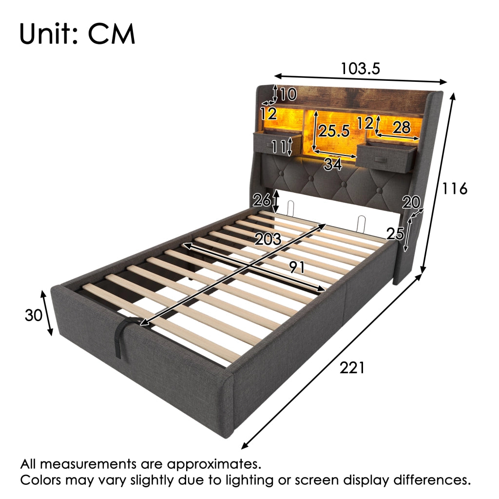 Letto singolo contenitore 90 × 200 cm in lino grigio con testiera LED e ricarica USB Type C