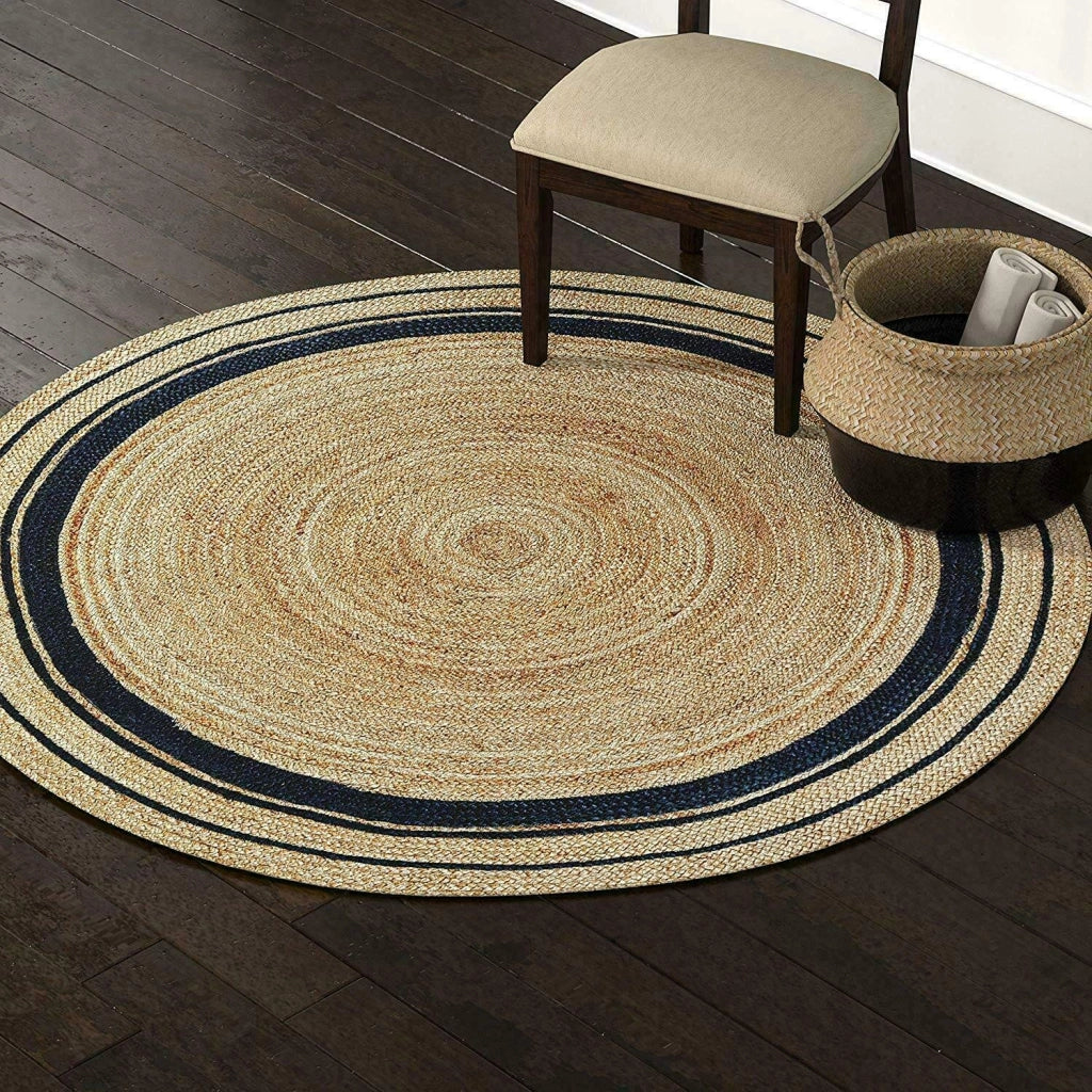 Tappeto rotondo in juta, intrecciato a mano, reversibile, diametro 60 cm, color beige con una linea nera