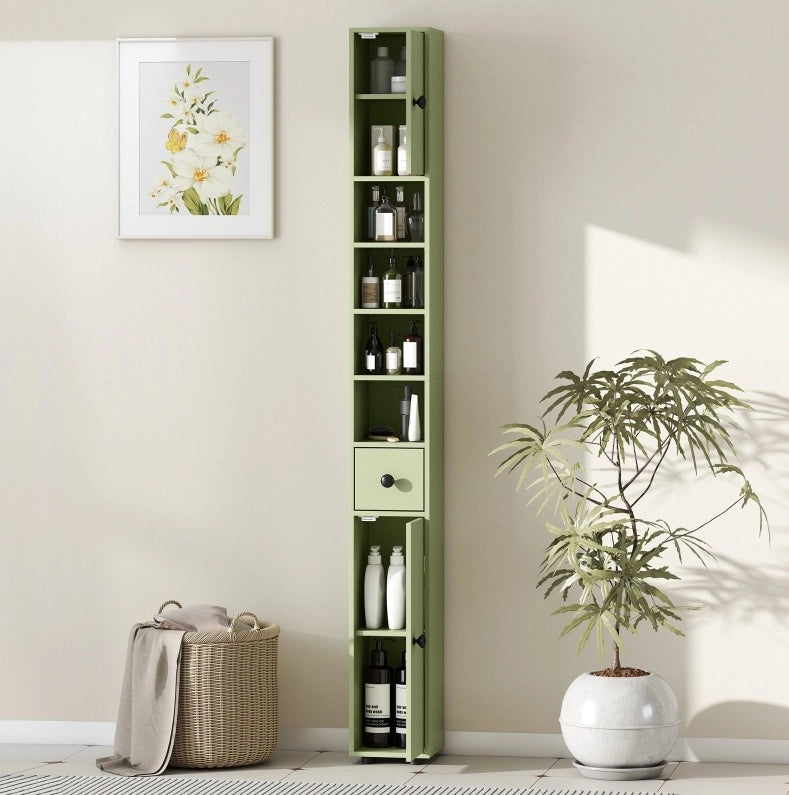 Colonna bagno stretta 20 x 20 x 180 cm verde con cassetto e vani